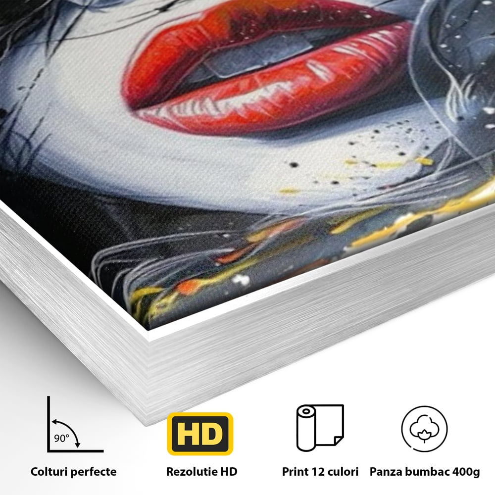 Detaliu al suprafetei: tablou canvas cu buze rosii si par abstract, in rama de aluminiu argintiu